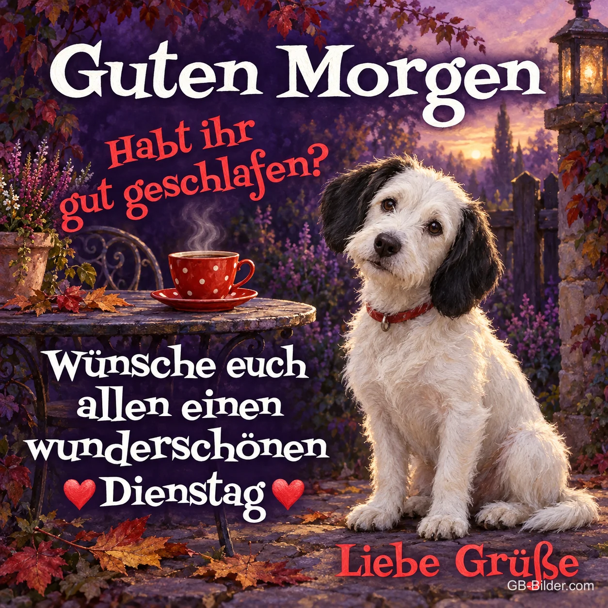 Schwarz-weißer Hund, Text: Guten Morgen Schwarz-weißer Hund, Text: Guten Morgen