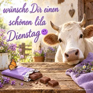 Kuh hinter einem Tisch mit lila Schokolade, Text: Wünsche dir einen schönen lila Dienstag