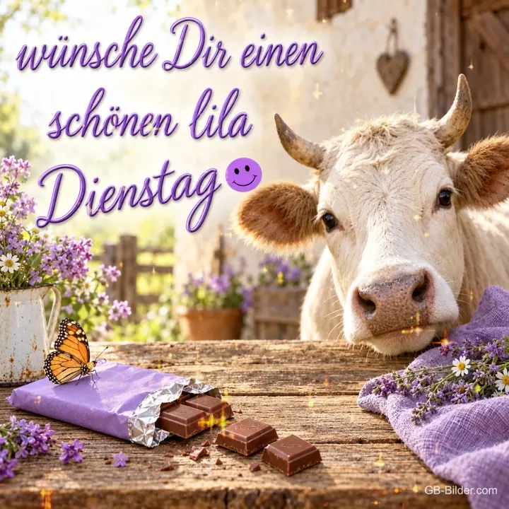 Kuh hinter einem Tisch mit lila Schokolade, Text: Wünsche dir einen schönen lila Dienstag
