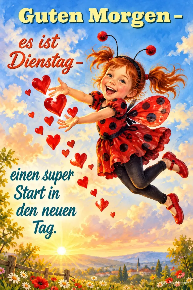 Mädchen im Marienkäferkostüm fliegt lachend und wirft rote Herzen, Text: Guten Morgen – es ist Dienstag – einen super Start in den neuen Tag.