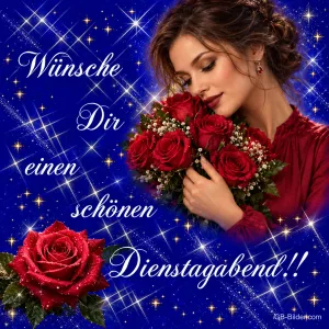 Frau im roten Kleid hält einen Strauß roter Rosen vor funkelndem Sternenhimmel, Text: Wünsche Dir einen schönen Dienstagabend!!