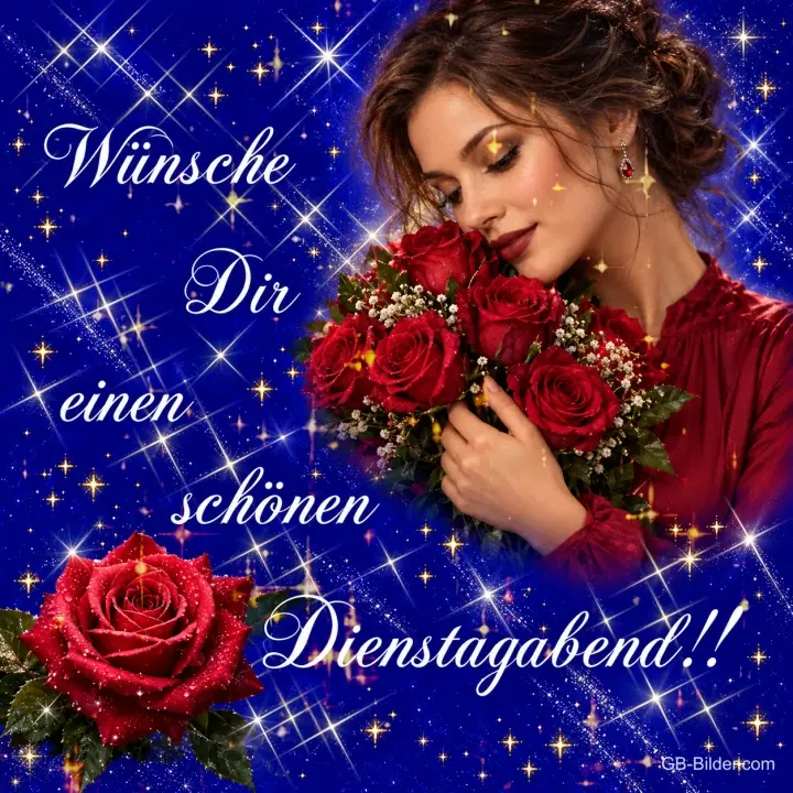Frau im roten Kleid hält einen Strauß roter Rosen vor funkelndem Sternenhimmel, Text: Wünsche Dir einen schönen Dienstagabend!!