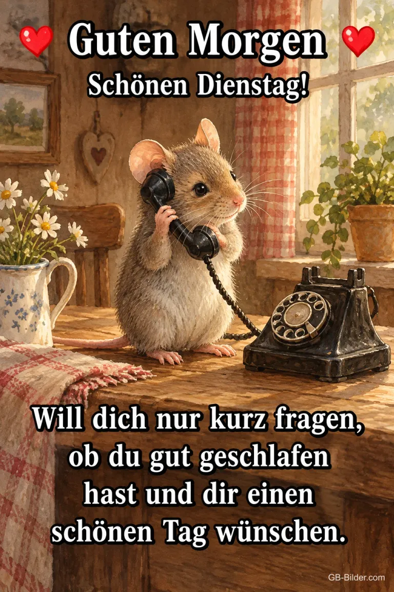 Maus am Telefon, Text: Guten Morgen