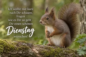 Eichhörnchen auf dem Baumstamm, Text: Ich wollte nur kurz nach Dir schauen, fragen wie es Dir so geht