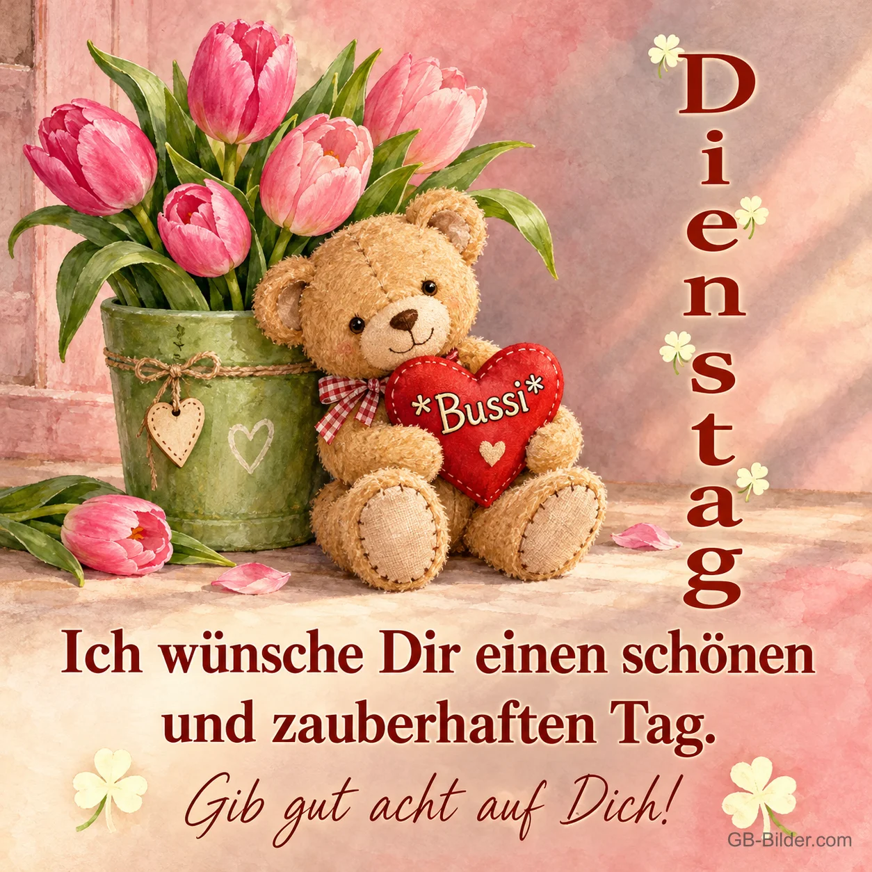 Teddybär mit Tulpen, Text: Dienstag