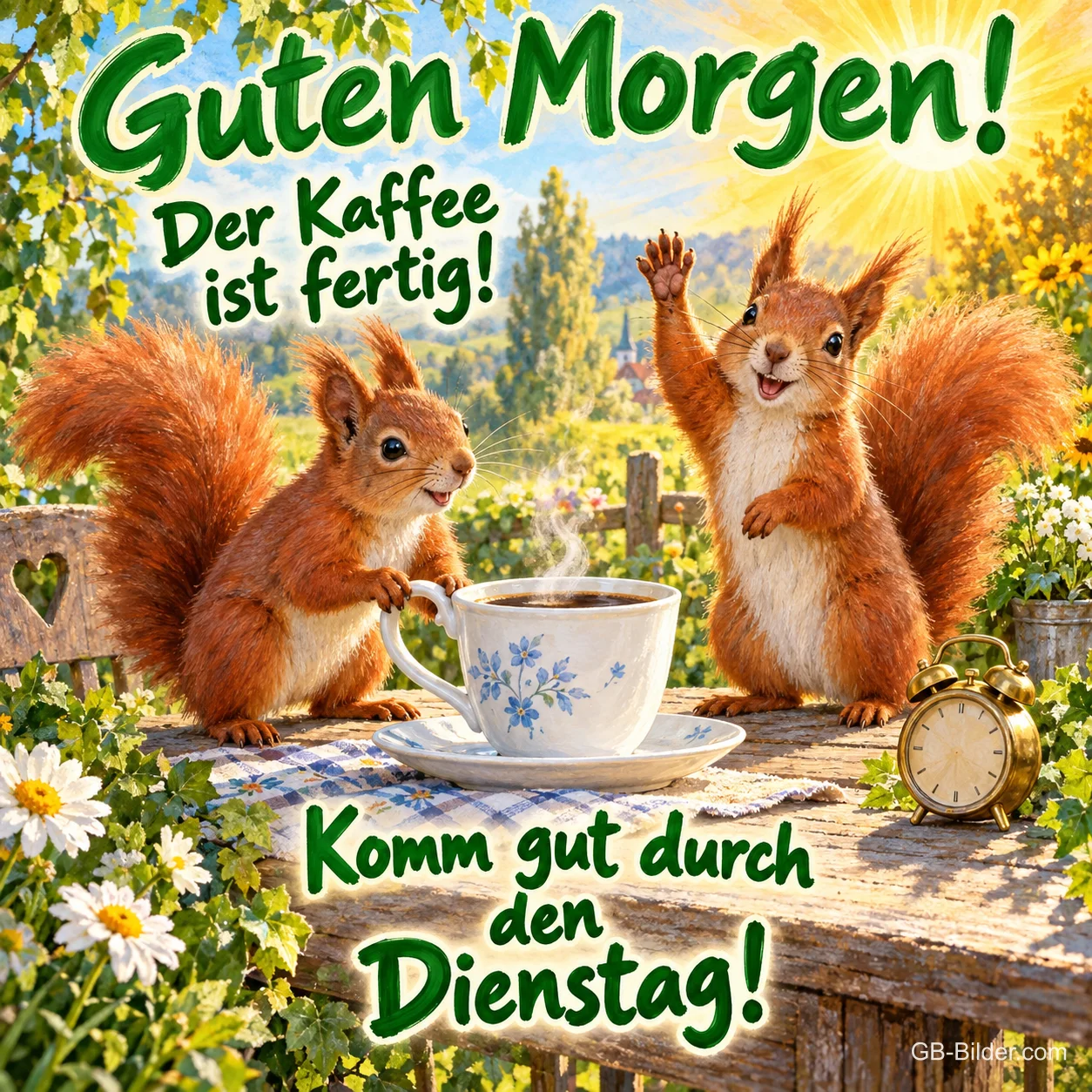 Zwei Eichhörnchen mit Kaffeetasse und Wecker, eines winkt fröhlich, Text: Guten Morgen! Der Kaffee ist fertig! Komm gut durch den Dienstag!