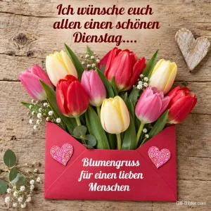 Tulpen im Briefumschlag, Text: Ich wünsche euch allen einen schönen Dienstag