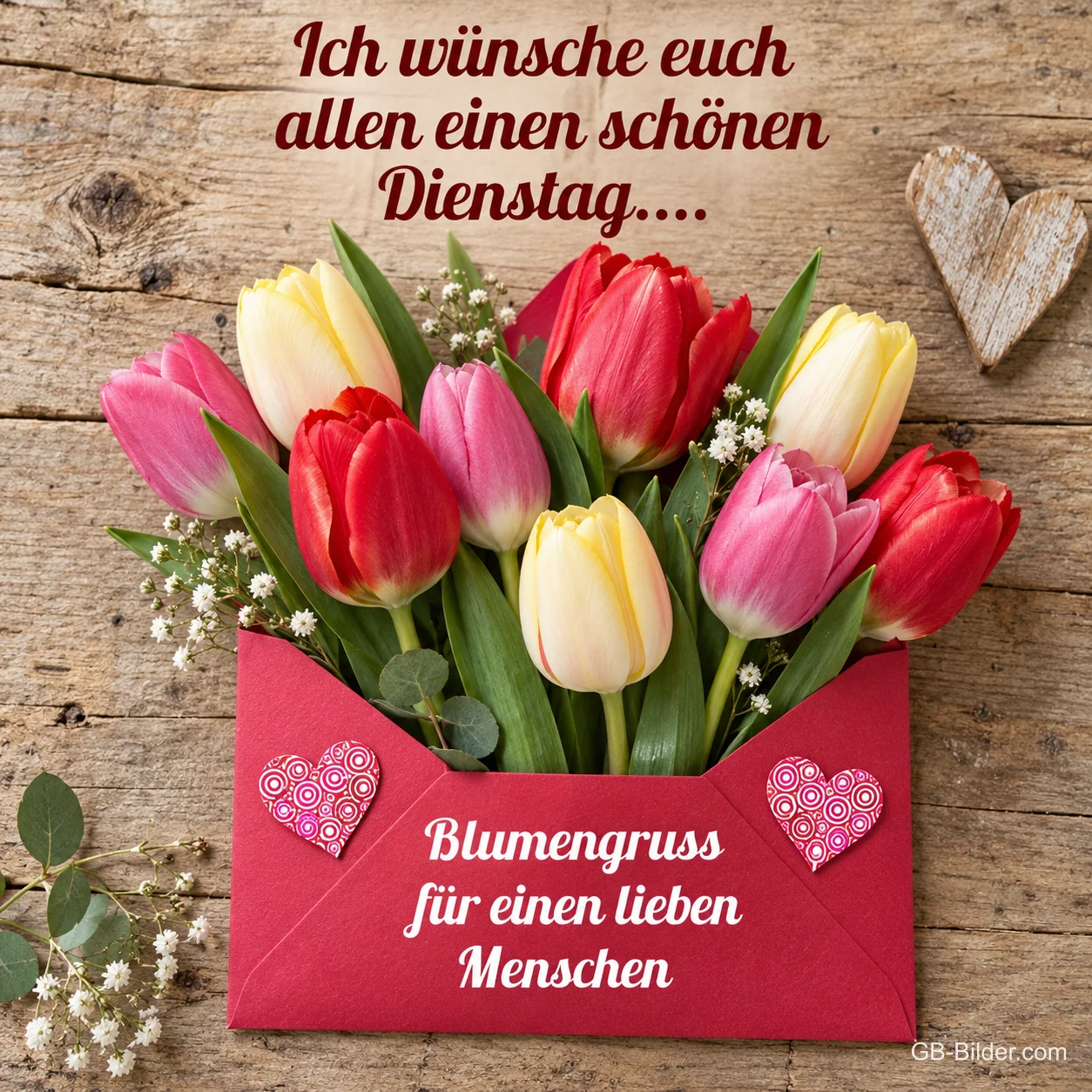 Tulpen im Briefumschlag, Text: Ich wünsche euch allen einen schönen Dienstag
