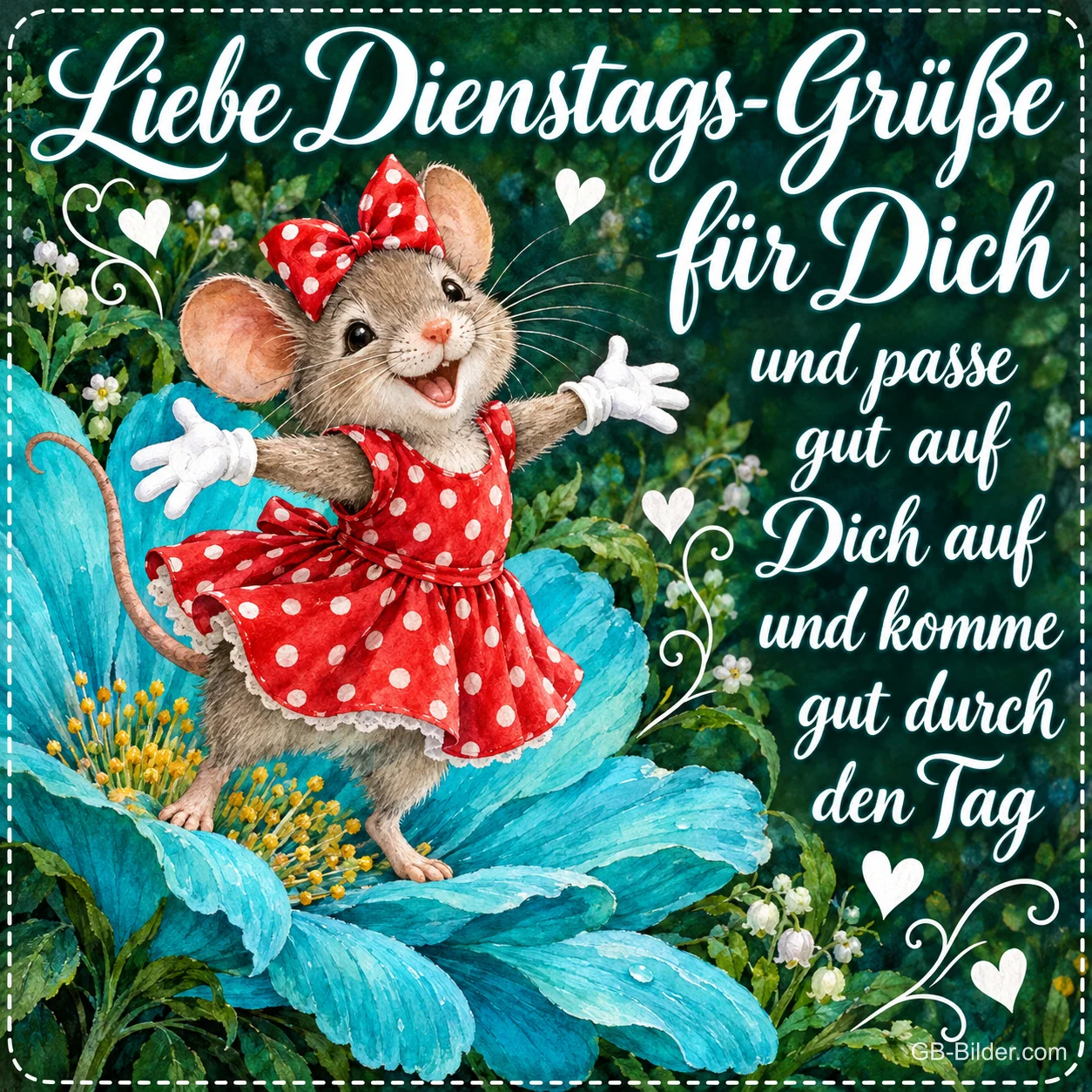 Maus im gepunkteten Kleid tanzt auf einer blauen Blüte, Text: Liebe Dienstags-Grüße für Dich und passe gut auf Dich auf und komme gut durch den Tag