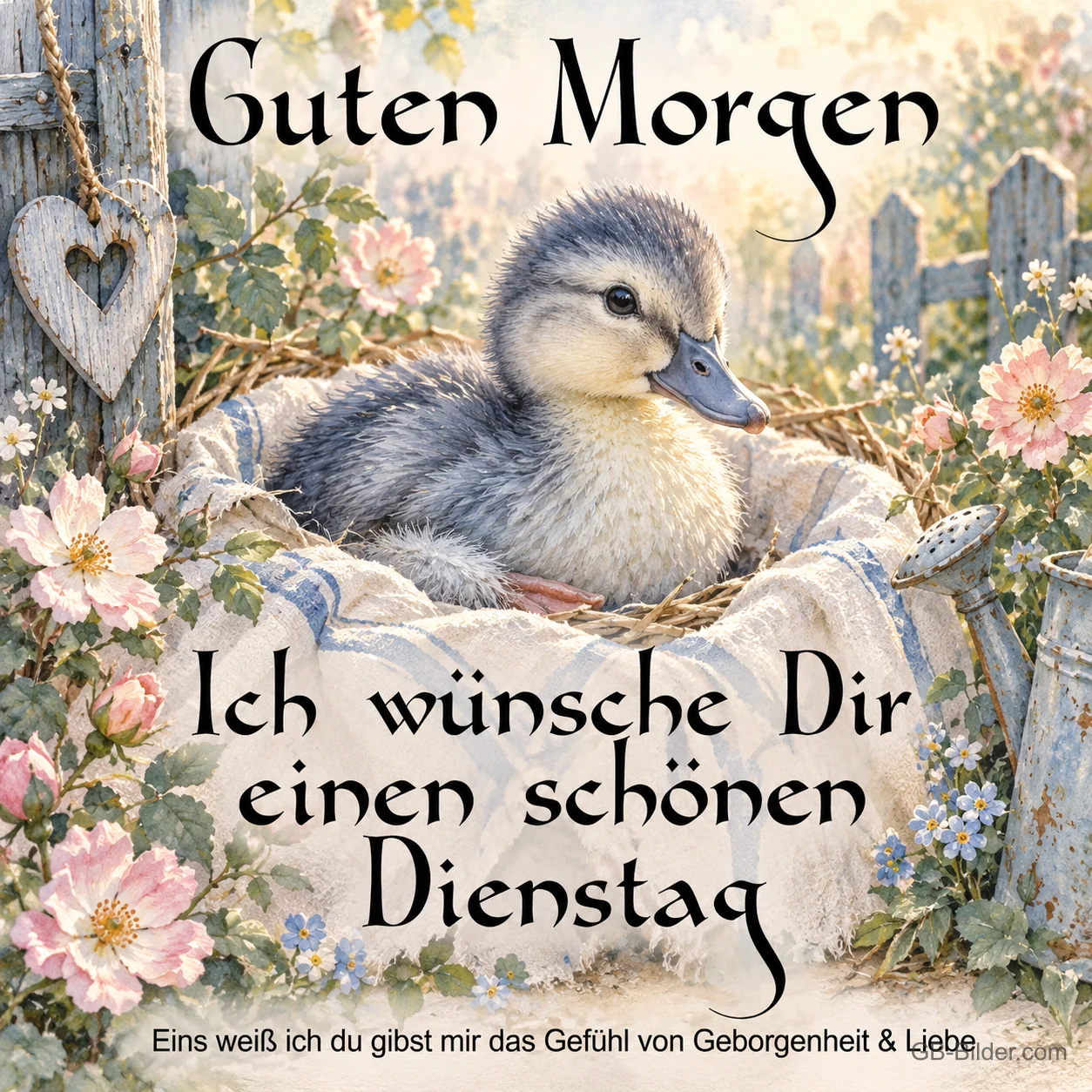 Entenküken im Korb, Text: Guten Morgen