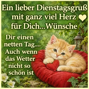 Kätzchen mit Stoffherz, Text: Ein lieber Dienstagsgruß mit ganz viel Herz für Dich