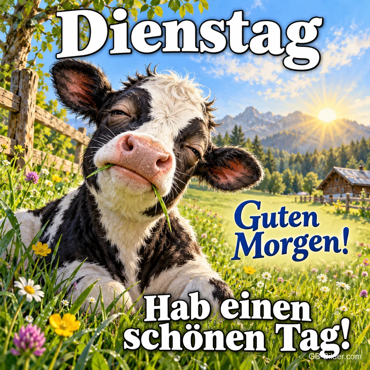 Schwarzbunte Kuh kaut Gras auf der Bergwiese, Text: Dienstag – Guten Morgen! Hab einen schönen Tag! Schwarzbunte Kuh kaut Gras auf der Bergwiese, Text: Dienstag – Guten Morgen! Hab einen schönen Tag!
