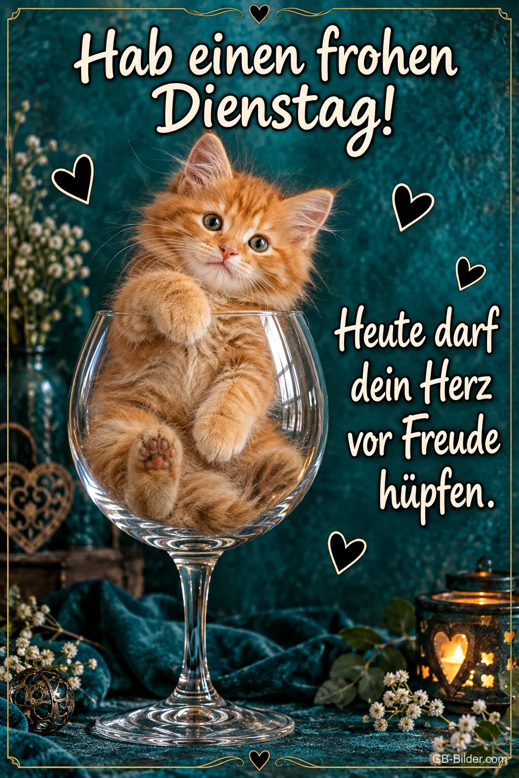 Rotes Kätzchen sitzt in einem großen Weinglas, Herzen und Laterne, Text: Hab einen frohen Dienstag! Heute darf dein Herz vor Freude hüpfen. Rotes Kätzchen sitzt in einem großen Weinglas, Herzen und Laterne, Text: Hab einen frohen Dienstag! Heute darf dein Herz vor Freude hüpfen.