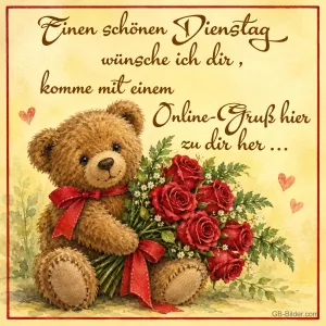 Teddybär mit Rosenstrauß, Text: Einen schönen Dienstag wünsche ich dir, komme mit einem Online-Gruß hi