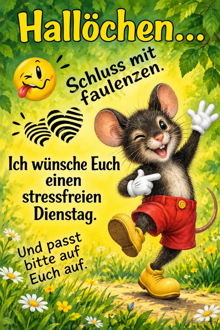 Maus mit roter Hose und gelben Schuhen tanzt zwinkernd, Text: Hallöchen... Schluss mit faulenzen. Ich wünsche Euch einen stressfreien Dienstag. Und passt bitte auf Euch auf.