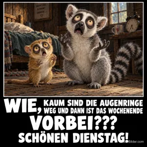 Zwei Lemuren schauen entsetzt mit Augenringen, Text: WIE, KAUM SIND DIE AUGENRINGE WEG UND DANN IST DAS WOCHENENDE VORBEI??? SCHÖNEN DIENSTAG!