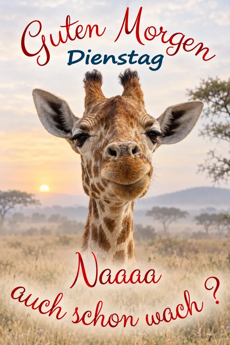 Neugierige Giraffe, Text: Guten Morgen Dienstag