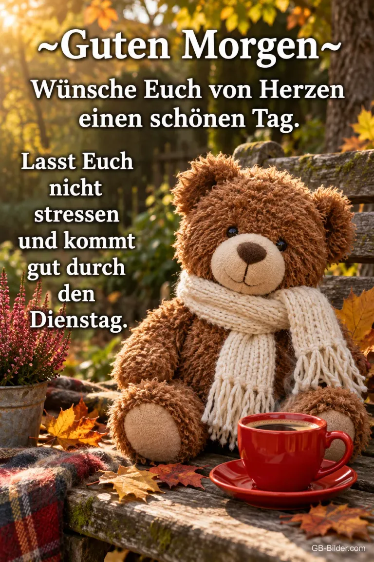 Teddybär mit Strickschal neben einer roten Kaffeetasse im Herbstlaub, Text: ~Guten Morgen~ Wünsche Euch von Herzen einen schönen Tag. Lasst Euch nicht stressen und kommt gut durch den Dienstag.