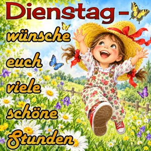 Mädchen mit Strohhut hüpft jubelnd über eine Blumenwiese, Text: Dienstag – wünsche euch viele schöne Stunden