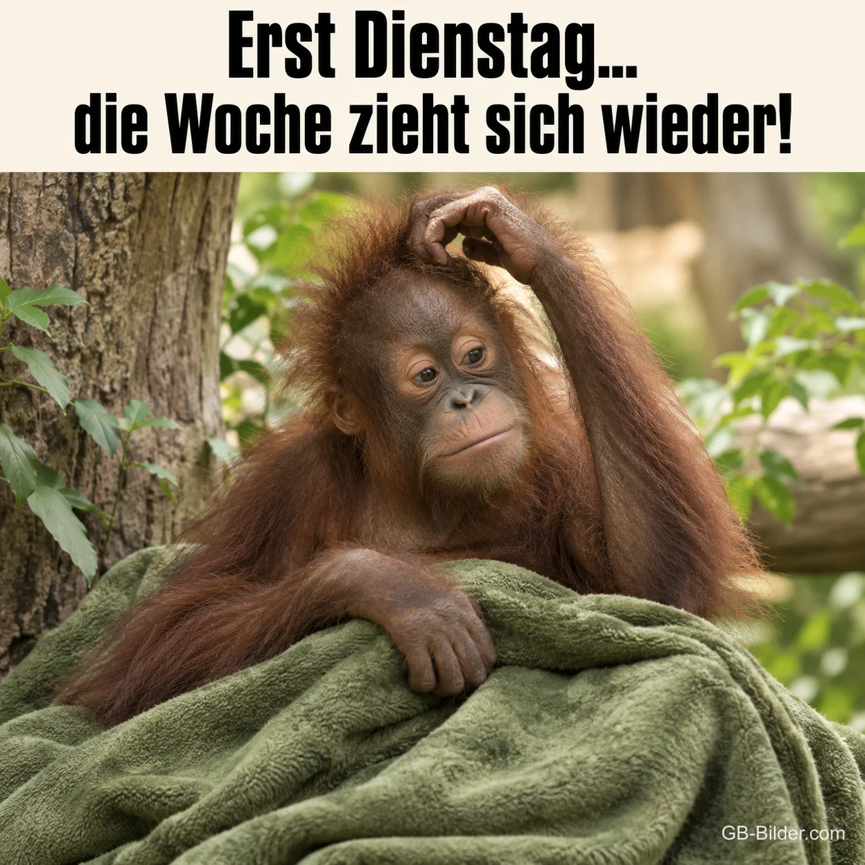 Junger Orang-Utan kratzt sich nachdenklich am Kopf auf einer Decke, Text: Erst Dienstag… die Woche zieht sich wieder!