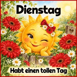 Zwinkernde Sonne mit Gerbera, Text: Dienstag