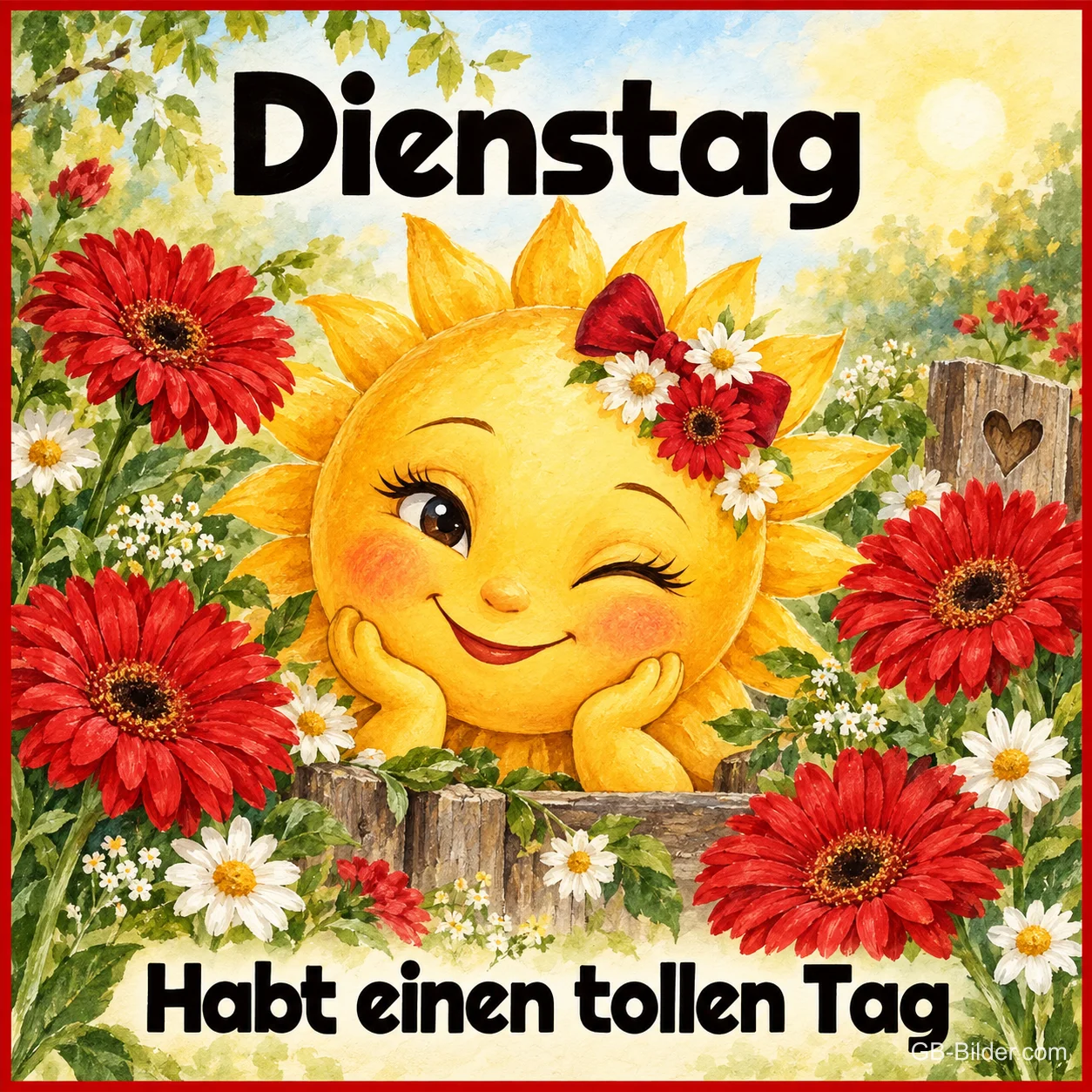 Zwinkernde Sonne mit Gerbera, Text: Dienstag