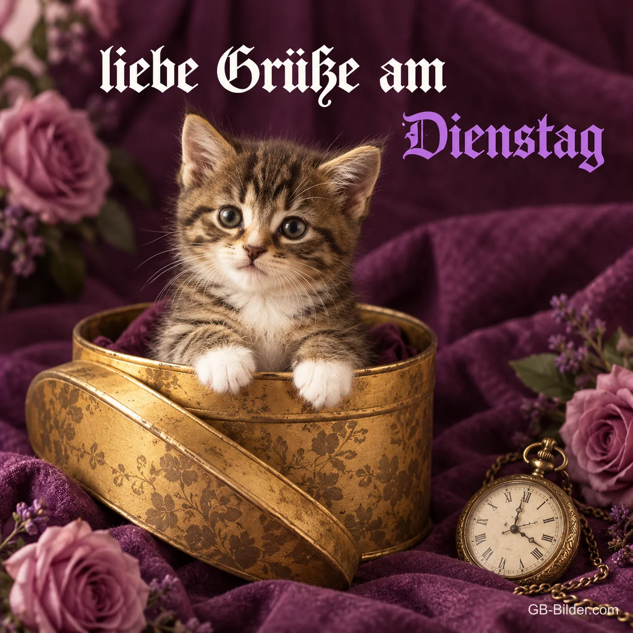 Kätzchen sitzt in einer goldenen Dose neben einer Taschenuhr und Rosen, Text: Liebe Grüße am Dienstag