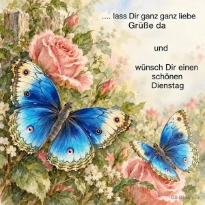 Zwei blaue Schmetterlinge zwischen rosa Rosen, Text: …. lass Dir ganz ganz liebe Grüße da und wünsch Dir einen schönen Dienstag
