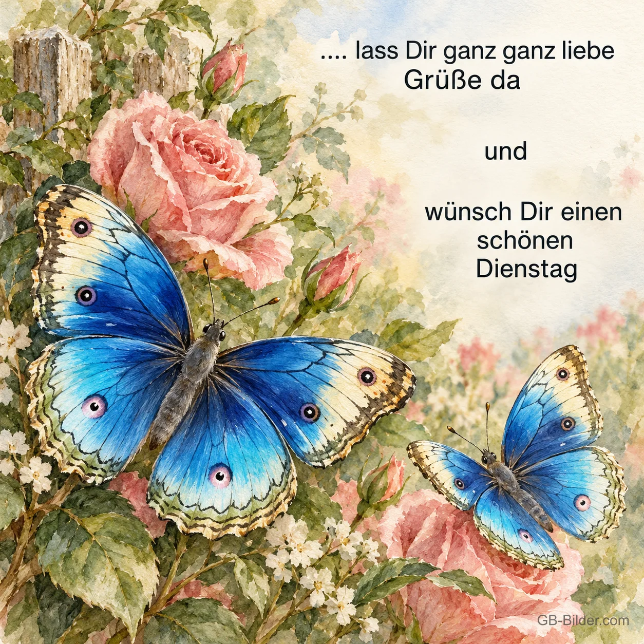 Zwei blaue Schmetterlinge zwischen rosa Rosen, Text: …. lass Dir ganz ganz liebe Grüße da und wünsch Dir einen schönen Dienstag
