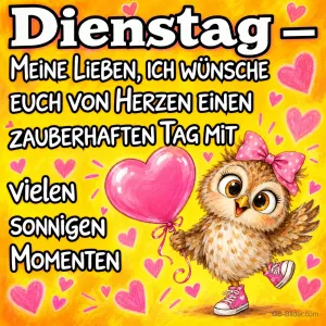 Eule mit Schleife und Turnschuhen hält einen Herzballon, Text: Dienstag – Meine Lieben, ich wünsche euch von Herzen einen zauberhaften Tag mit vielen sonnigen Momenten