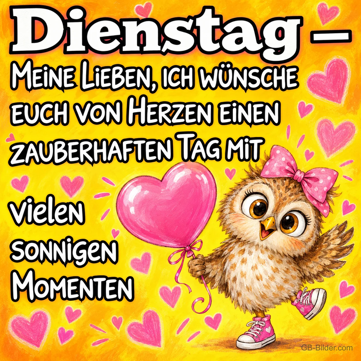 Eule mit Schleife und Turnschuhen hält einen Herzballon, Text: Dienstag – Meine Lieben, ich wünsche euch von Herzen einen zauberhaften Tag mit vielen sonnigen Momenten