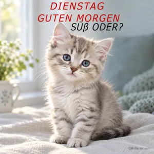 Graues Kätzchen mit blauen Augen sitzt auf einer Decke, Text: Dienstag – Guten Morgen – Süß oder?