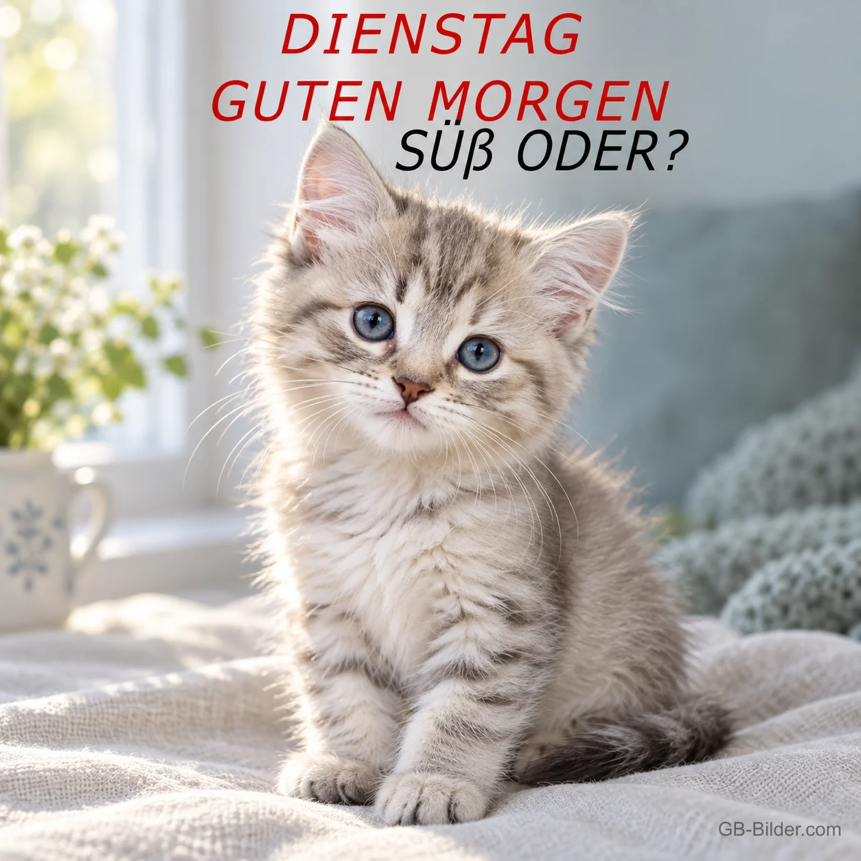 Graues Kätzchen mit blauen Augen sitzt auf einer Decke, Text: Dienstag – Guten Morgen – Süß oder?