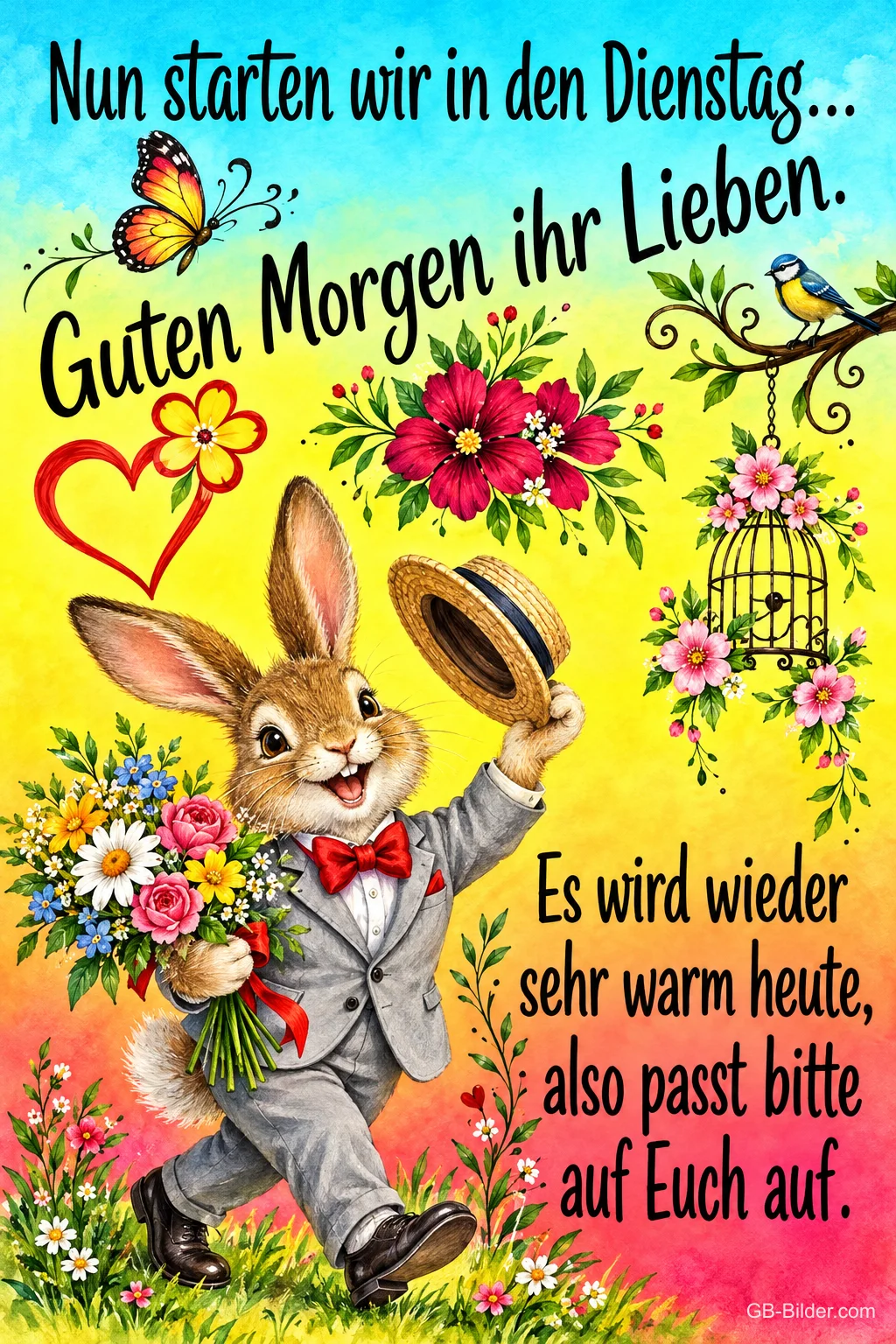 Hase im grauen Anzug lüftet seinen Hut und hält Blumen, Text: Nun starten wir in den Dienstag… Guten Morgen ihr Lieben. Es wird wieder sehr warm heute, also passt bitte auf Euch auf.