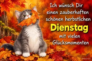 Kätzchen mit Ahornblatt im Herbstlaub, Text: Ich wünsch Dir einen zauberhaften schönen herbstlichen Dienstag mit vielen Glücksmomenten