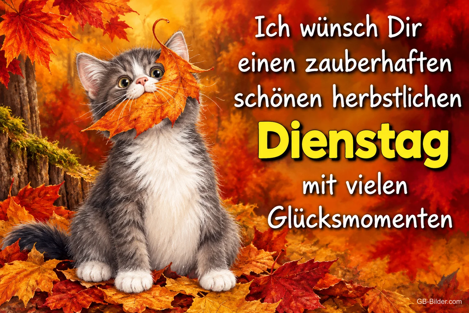 Kätzchen mit Ahornblatt im Herbstlaub, Text: Ich wünsch Dir einen zauberhaften schönen herbstlichen Dienstag mit vielen Glücksmomenten