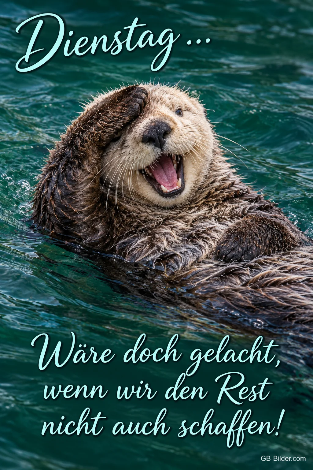 Seeotter treibt lachend auf dem Rücken im Wasser, Text: Dienstag … Wäre doch gelacht, wenn wir den Rest nicht auch schaffen!