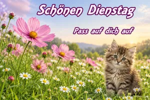 Getigertes Kätzchen auf einer Wiese mit rosa Blüten, Text: Schönen Dienstag – Pass auf dich auf