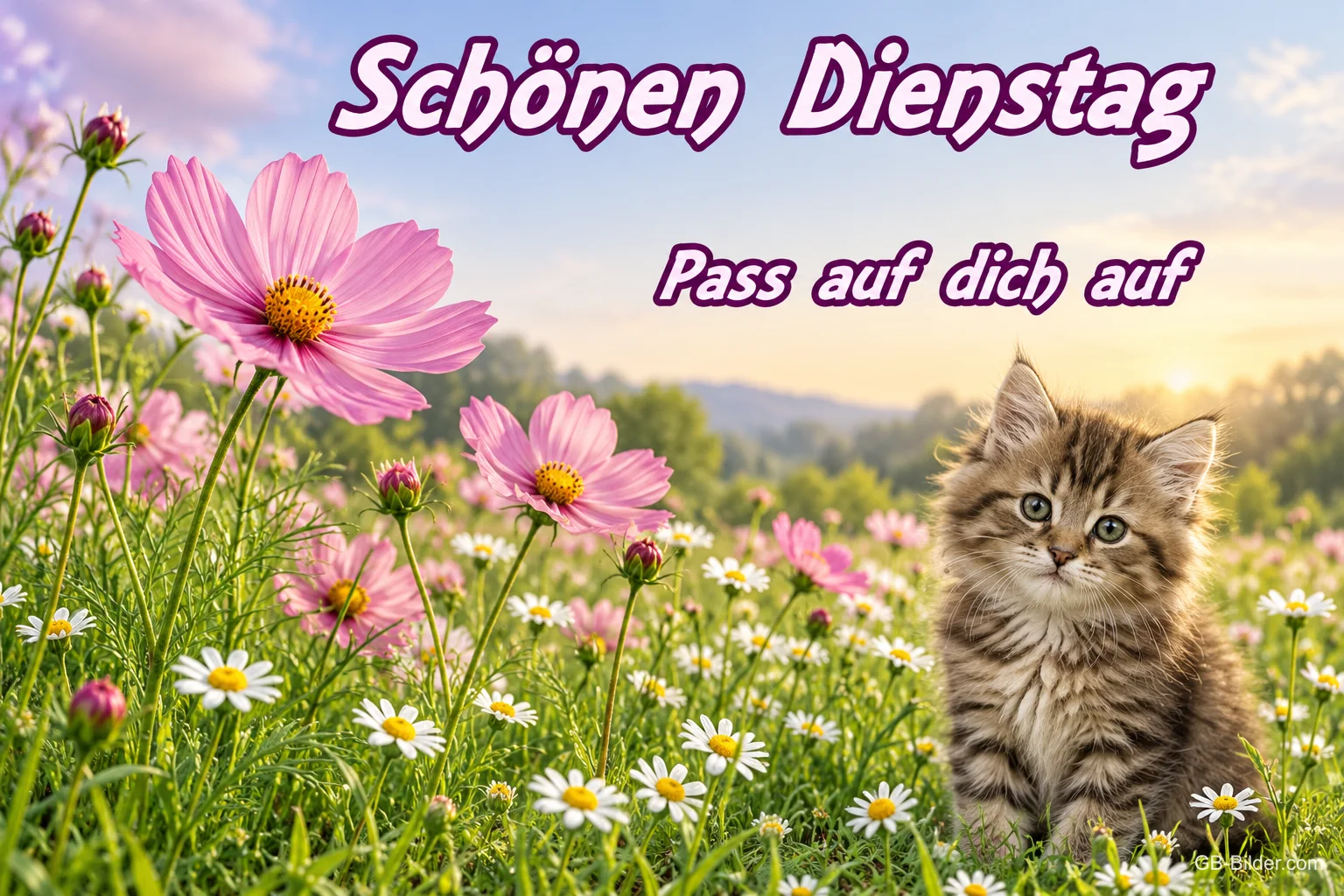 Getigertes Kätzchen auf einer Wiese mit rosa Blüten, Text: Schönen Dienstag – Pass auf dich auf