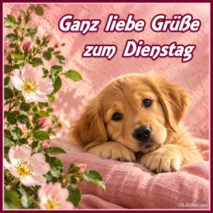 Golden-Retriever-Welpe liegt auf einem rosa Kissen zwischen Heckenrosen, Text: Ganz liebe Grüße zum Dienstag