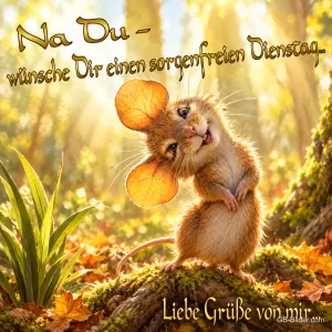 Maus mit großen Ohren steht lächelnd auf Moos im Sonnenlicht, Text: Na Du – wünsche Dir einen sorgenfreien Dienstag.. Liebe Grüße von mir...