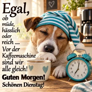 Jack Russell mit Schlafmütze döst neben Wecker und Kaffeetasse, Text: Egal, ob müde, hässlich oder reich…. Vor der Kaffeemaschine sind wir alle gleich! Guten Morgen! Schönen Dienstag!