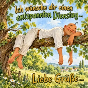 Mann liegt entspannt schlafend auf einem Ast, Text: Ich wünsche dir einen entspannten Dienstag… Liebe Grüße…