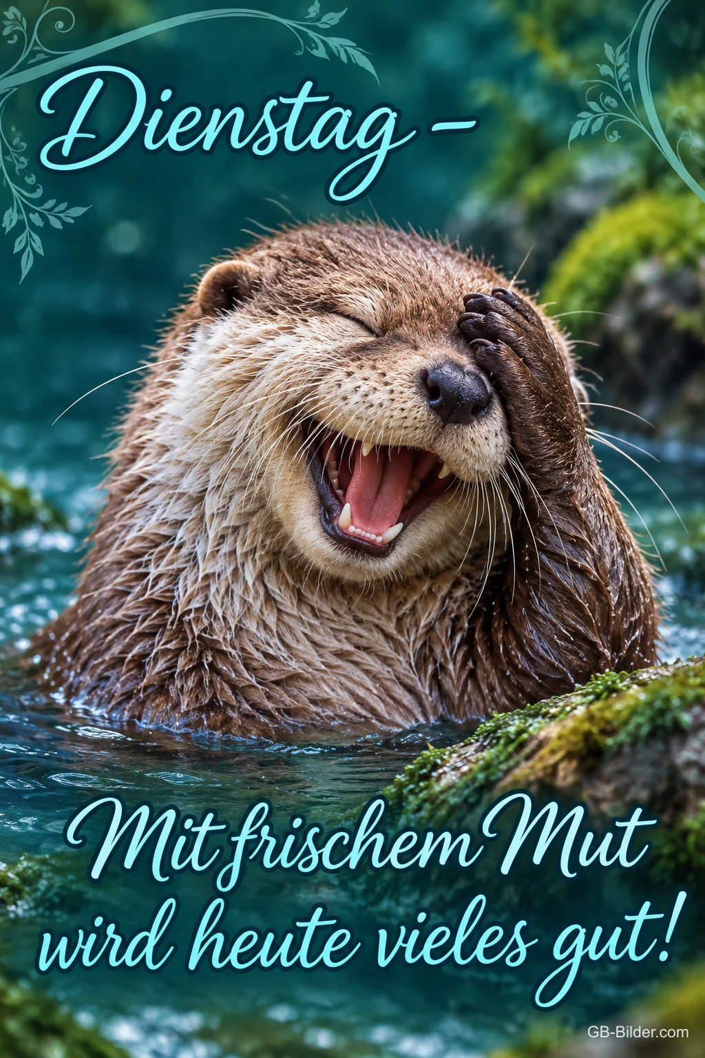 Otter lacht herzhaft mit der Pfote an der Stirn im Wasser, Text: Dienstag – Mit frischem Mut wird heute vieles gut! Otter lacht herzhaft mit der Pfote an der Stirn im Wasser, Text: Dienstag – Mit frischem Mut wird heute vieles gut!