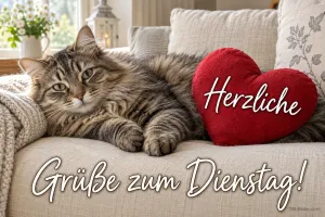 Getigerte Katze liegt neben einem roten Herzkissen auf dem Sofa, Text: Herzliche Grüße zum Dienstag!