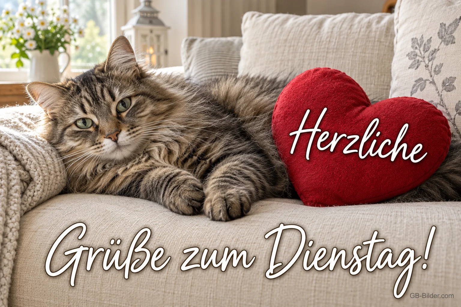 Getigerte Katze liegt neben einem roten Herzkissen auf dem Sofa, Text: Herzliche Grüße zum Dienstag!