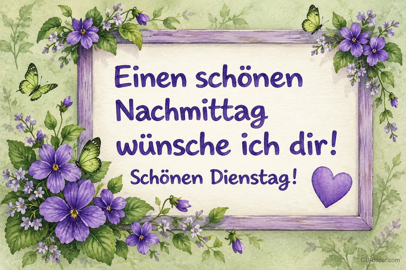 Rahmen mit lila Veilchen und Schmetterlingen, Text: Einen schönen Nachmittag wünsche ich dir! Schönen Dienstag!