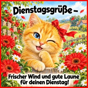 Rote Katze mit Schleife zwinkert zwischen roten Gerbera, Text: Dienstagsgrüße – Frischer Wind und gute Laune für deinen Dienstag!