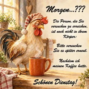 Verschlafener Hahn mit Zipfelmütze neben einer Kaffeetasse, Text: Morgen…??? Die Person, die Sie versuchen zu erreichen, ist noch nicht in ihrem Körper: Bitte versuchen Sie es später erneut. Nachdem ich meinen Kaffee hatte. Schönen Dienstag!