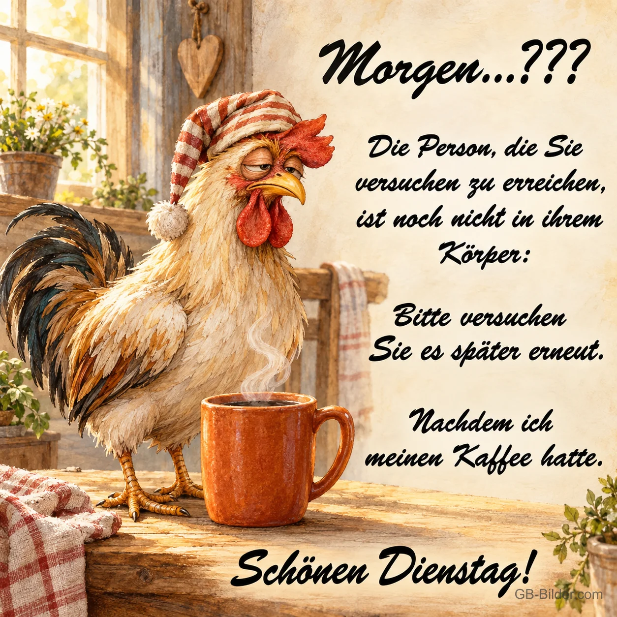 Verschlafener Hahn mit Zipfelmütze neben einer Kaffeetasse, Text: Morgen…??? Die Person, die Sie versuchen zu erreichen, ist noch nicht in ihrem Körper: Bitte versuchen Sie es später erneut. Nachdem ich meinen Kaffee hatte. Schönen Dienstag!